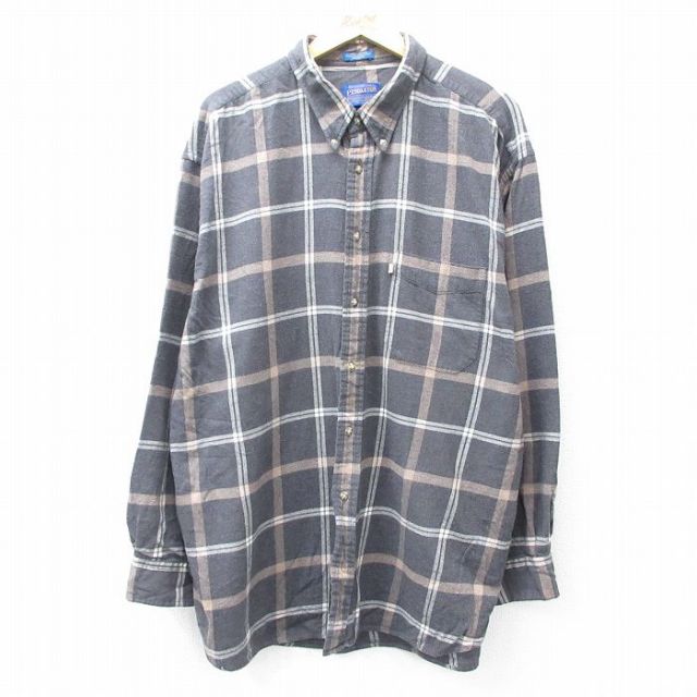 XL★古着 ペンドルトン PENDLETON 長袖 フランネル シャツ メンズ 大きいサイズ ロング丈 コットン ボタンダウン 茶他 ブラウン チェック 25sep04 中古 トップス