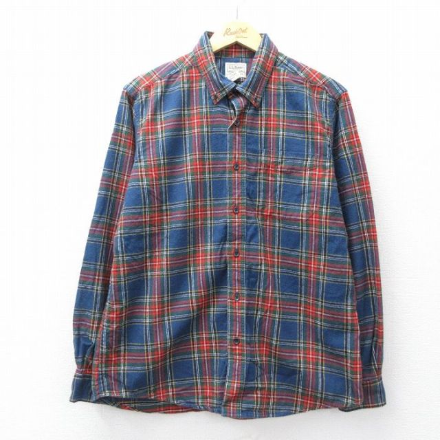 L★古着 エルエルビーン LLBEAN 長袖 フランネル シャツ メンズ 00年代 00s コットン ボタンダウン 紺他 ネイビー チェック 25sep04 中古 トップス