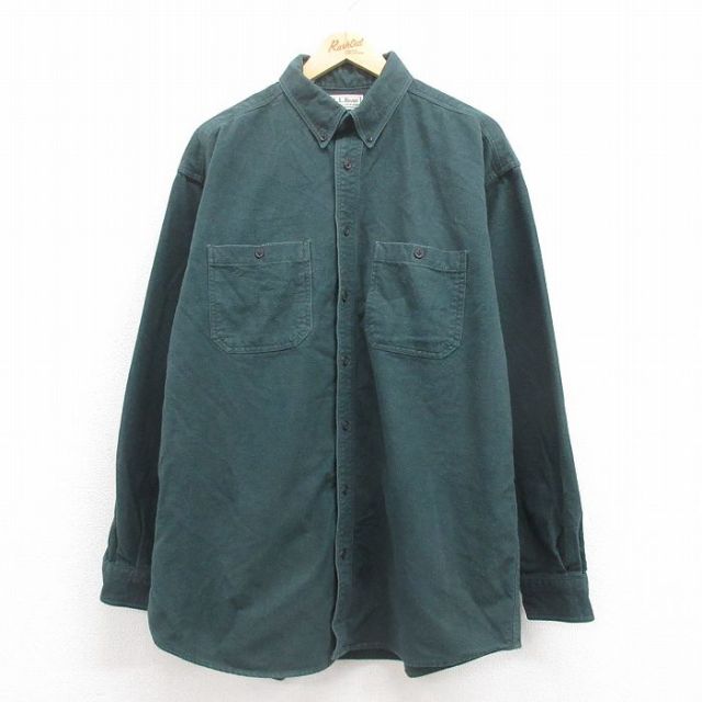 XL★古着 エルエルビーン LLBEAN 長袖　ヘビー フランネル シャツ メンズ 90年代 90s ロング丈 コットン ボタンダウン USA製 濃緑 グリーン 【spe】 25sep04 中古 トップス
