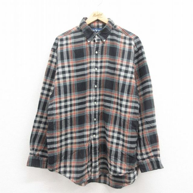 XL★古着 ラルフローレン Ralph Lauren 長袖 ブランド フランネル シャツ メンズ 90年代 90s ワンポイントロゴ BLAKE ロング丈 コットン ボタンダウン 黒他 ブラック チェック 25sep04 中古 トップス