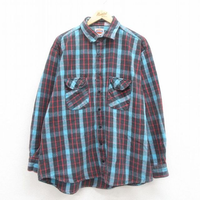 XL★古着 ディッキーズ Dickies 長袖 ヘビー フランネル シャツ メンズ 80年代 80s コットン 水色 チェック 【spe】 25sep04 中古 トップス