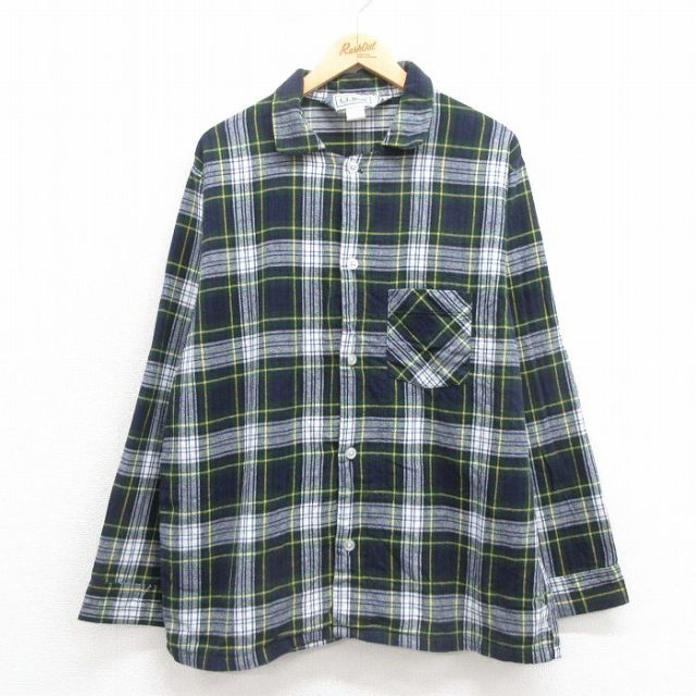 L★古着 エルエルビーン LLBEAN 長袖 フランネル パジャマ シャツ メンズ 90年代 90s コットン 緑他 グリーン チェック 25sep05 中古 トップス