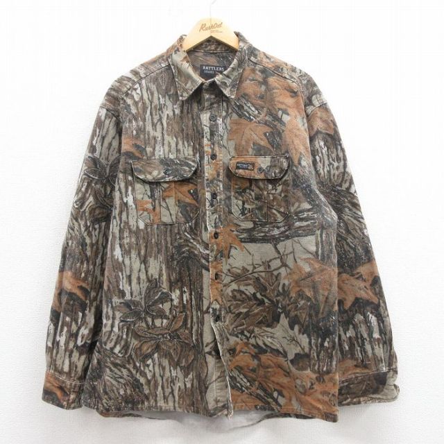 XL★古着 長袖 ヘビー フランネル シャツ メンズ 90年代 90s リアルツリー 大きいサイズ コットン USA製 濃ベージュ他 カーキ 迷彩 25sep05 中古 トップス