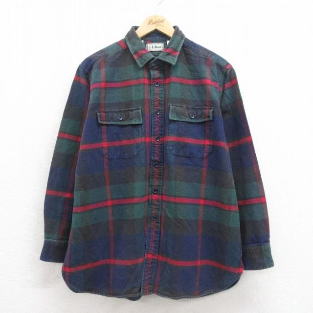 XL★古着 エルエルビーン LLBEAN 長袖 ヘビー フランネル シャツ メンズ 90年代 90s コットン 紺 ネイビー チェック 25sep05 中古 トップス