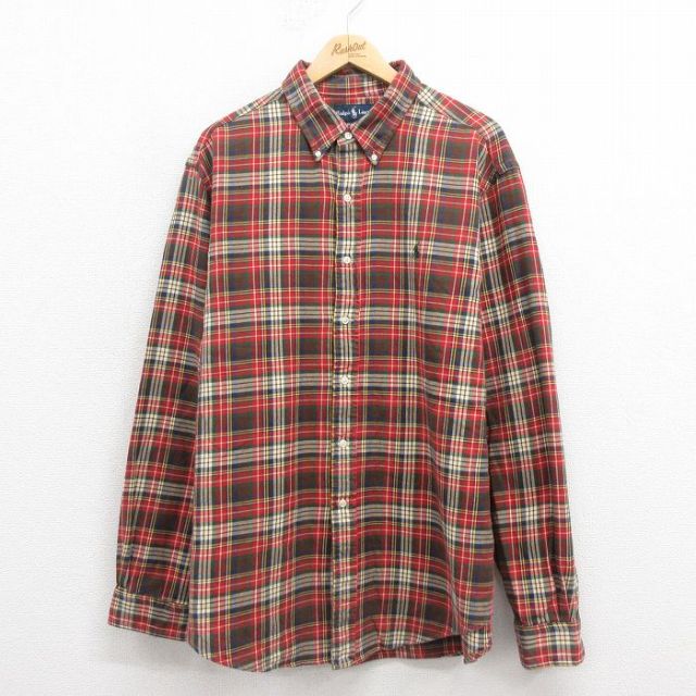 XL★古着 ラルフローレン Ralph Lauren 長袖 ブランド フランネル シャツ メンズ 90年代 90s ワンポイントロゴ コットン ボタンダウン 赤他 レッド チェック 25sep05 中古 トップス