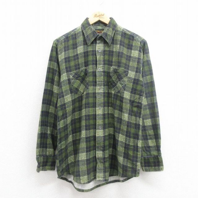 L★古着 長袖 フランネル シャツ メンズ 80年代 80s コットン 緑他 グリーン チェック 25sep05 中古 トップス