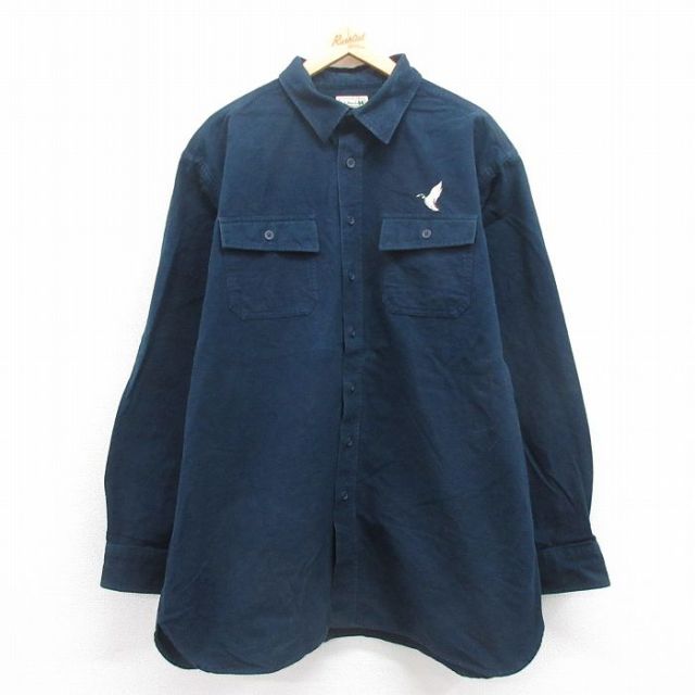 XL★古着 エルエルビーン LLBEAN 長袖 ヘビー フランネル シャツ メンズ 00年代 00s 鳥 大きいサイズ ロング丈 紺 ネイビー 25sep06 中古 トップス