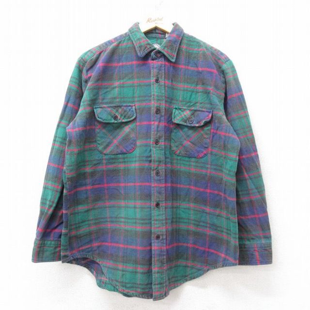 XL★古着 長袖 ヘビー フランネル シャツ メンズ 00年代 00s コットン 緑他 グリーン チェック 25sep09 中古 トップス