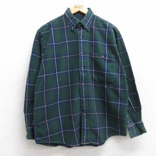 L★古着 ランズエンド 長袖 フランネル シャツ メンズ 00年代 00s コットン ボタンダウン 緑他 グリーン チェック 25sep16 中古 トップス
