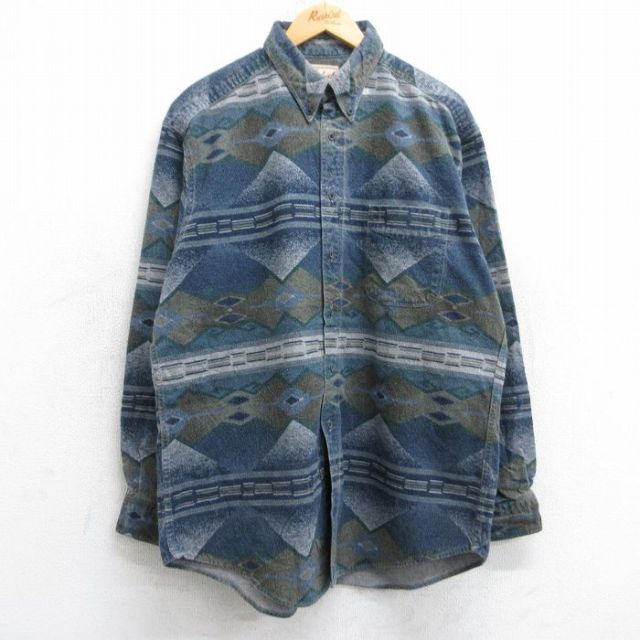 XL★古着 ウールリッチ WOOLRICH 長袖 フランネル シャツ メンズ 90年代 90s ネイティブ柄 ラグ柄 コットン ボタンダウン USA製 紺他 ネイビー 【spe】 25sep16 中古 トップス