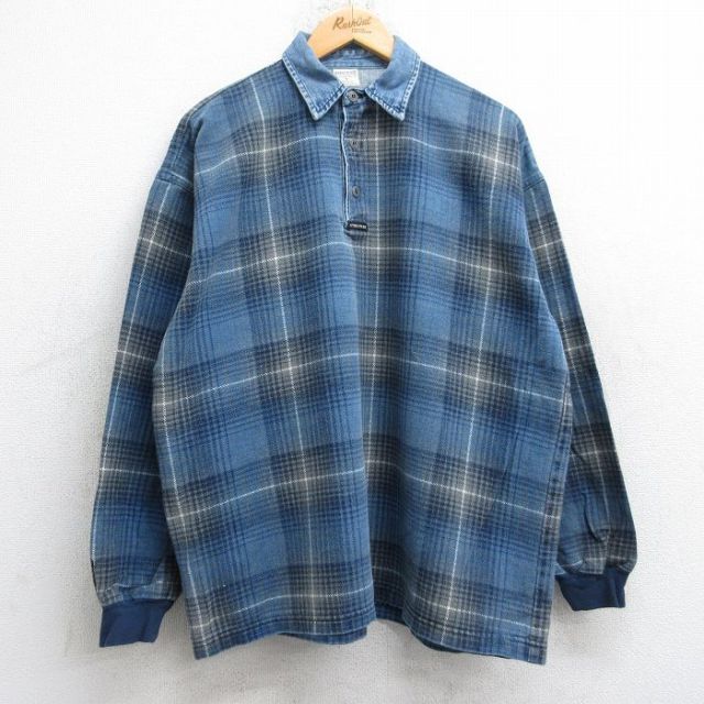 XL★古着 STRUCTURE 長袖 フランネル シャツ メンズ 90年代 90s 襟デニム コットン USA製 薄紺他 ネイビー チェック 25sep16 中古 トップス
