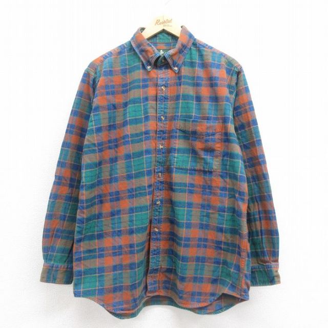 XL★古着 長袖 フランネル シャツ メンズ 90年代 90s コットン ボタンダウン 緑他 グリーン チェック 25sep20 中古 トップス