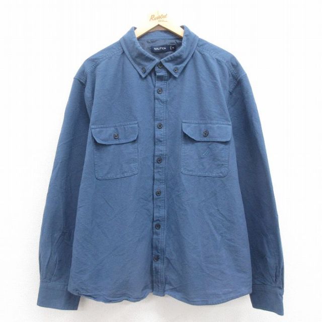 XL★古着 ノーティカ NAUTICA 長袖 ブランド フランネル シャツ メンズ ワンポイントロゴ 大きいサイズ コットン ボタンダウン 薄紺 ネイビー 25sep20 中古 トップス