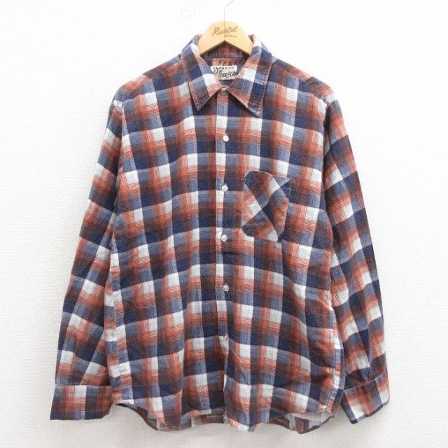 L★古着 長袖 フランネル シャツ メンズ 80年代 80s USA製 オレンジ他 チェック 25sep20 中古 トップス
