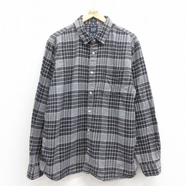 XL★古着 ギャップ GAP 長袖 フランネル シャツ メンズ コットン 黒他 ブラック チェック 25sep20 中古 トップス