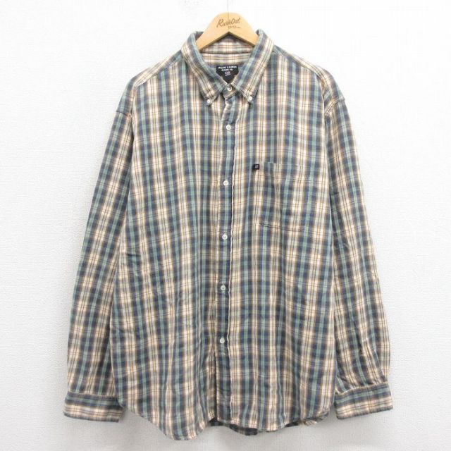 XL★古着 ラルフローレン Ralph Lauren 長袖 ブランド フランネル シャツ メンズ 大きいサイズ ボタンダウン 緑他 グリーン チェック 25sep22 中古 トップス