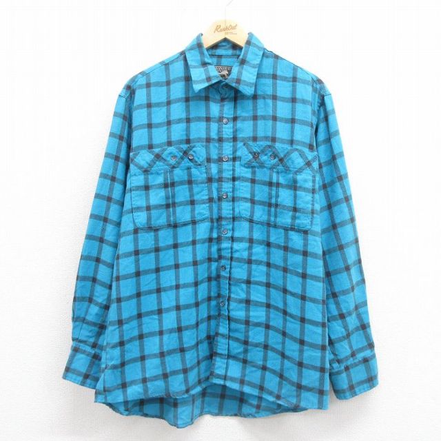 XL★古着 長袖 フランネル シャツ メンズ 80年代 80s 青他 ブルー チェック 25sep22 中古 トップス