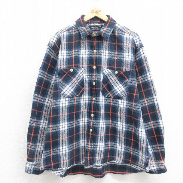 XL★古着 アメリカンイーグル American Eagle 長袖 ヘビー フランネル シャツ メンズ 大きいサイズ コットン 紺他 ネイビー チェック 【spe】 25sep22 中古 トップス