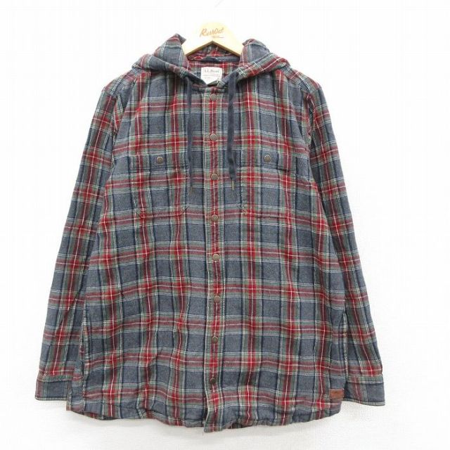 XL★古着 エルエルビーン LLBEAN 長袖 フランネル シャツ パーカー メンズ 00年代 00s ヒジ当て コットン グレー他 チェック 25sep24 中古 トップス