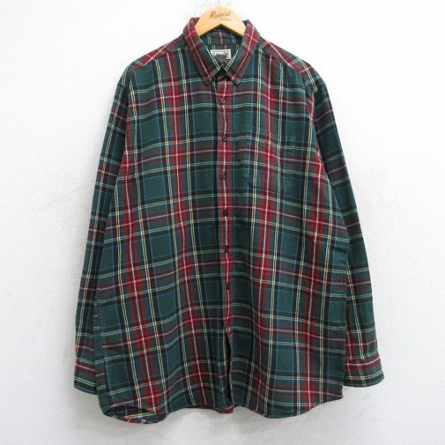 XL★古着 エルエルビーン LLBEAN 長袖 フランネル シャツ メンズ 00年代 00s 大きいサイズ ロング丈 コットン ボタンダウン 緑他 グリーン タータンチェック 【spe】 25sep25 中古 トップス