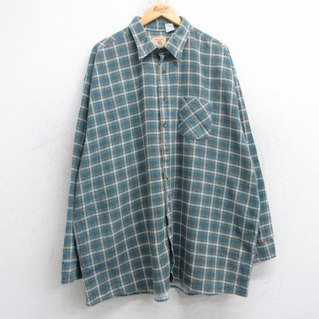 XL★古着 長袖 フランネル シャツ メンズ 90年代 90s 大きいサイズ ロング丈 コットン USA製 青緑系他 チェック 25sep25 中古 トップス