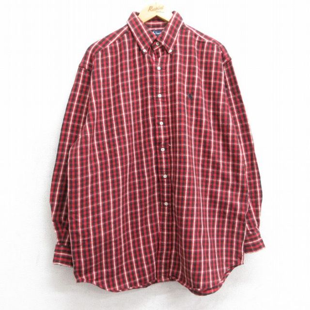 XL★古着 ラルフローレン Ralph Lauren 長袖 ブランド ヘビー フランネル シャツ メンズ 90年代 90s ワンポイントロゴ BLAKE 大きいサイズ ロング丈 コットン ボタンダウン 赤他 レッド チェック 【spe】 25sep26 中古 トップス