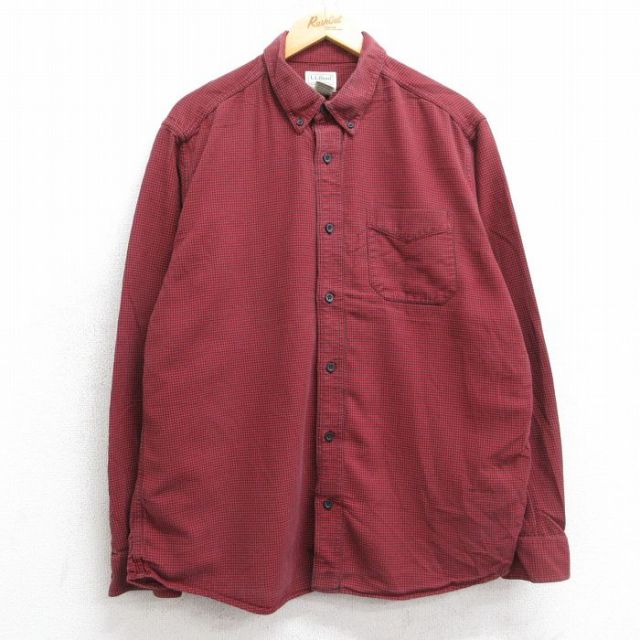 XL★古着 エルエルビーン LLBEAN 長袖 フランネル シャツ メンズ 00年代 00s 千鳥格子 コットン ボタンダウン 赤他 レッド 25sep26 中古 トップス