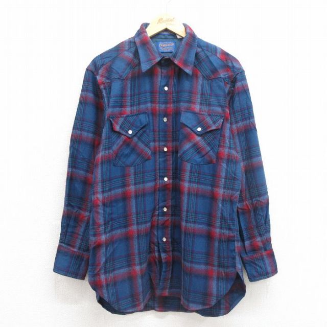L★古着 ペンドルトン PENDLETON 長袖 ウエスタン ウール シャツ メンズ 00年代 00s USA製 薄紺 ネイビー オンブレ チェック 【spe】 25sep30 中古 トップス