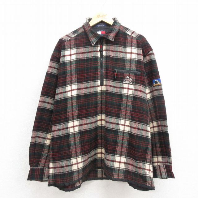 XL★古着 トミーヒルフィガー TOMMY HILFIGER 長袖 ブランド ハーフジップ ウール シャツ メンズ 90年代 90s 大きいサイズ 緑他 グリーン チェック 25sep30 中古 トップス