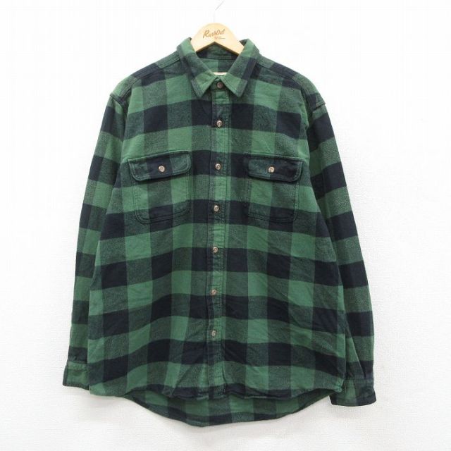 XL★古着 長袖 ヘビー フランネル シャツ メンズ 緑他 グリーン バッファロー チェック 25oct01 中古 トップス
