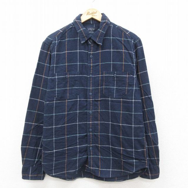 L★古着 ジェイクルー J.CREW 長袖 フランネル シャツ メンズ コットン 濃紺他 ネイビー チェック 25oct01 中古 トップス