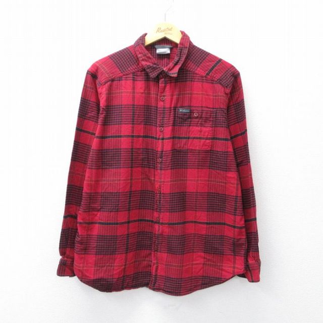 L★古着 コロンビア COLUMBIA 長袖 フランネル シャツ メンズ ワンポイントロゴ 赤他 レッド チェック 25oct02 中古 トップス