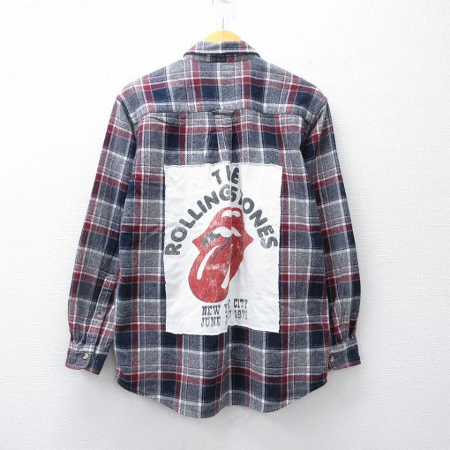 L★古着 レッドキャップ 長袖 ロック バンド フランネル シャツ メンズ ローリングストーンズ The Rolling Stones コットン ボタンダウン 紺他 ネイビー チェック 【spe】 25oct02 中古 トップス