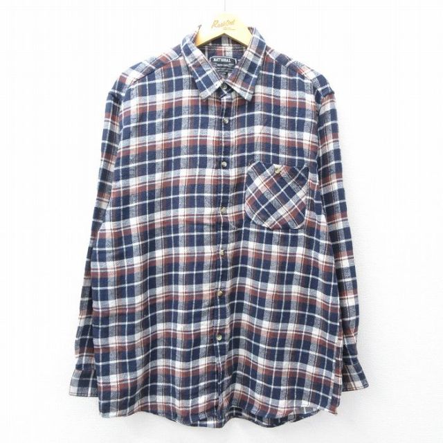 XL★古着 長袖 フランネル シャツ メンズ ロング丈 コットン 濃紺他 ネイビー チェック 25oct02 中古 トップス
