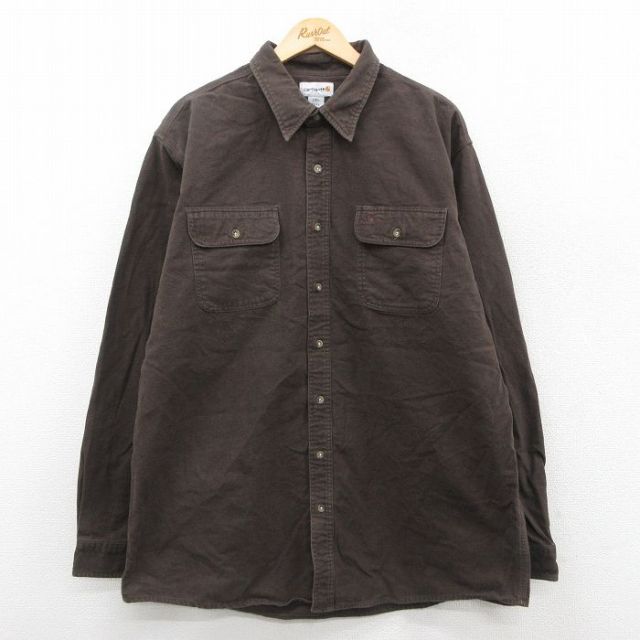 XL★古着 カーハート Carhartt 長袖 ヘビー フランネル シャツ メンズ 大きいサイズ ロング丈 コットン こげ茶 ブラウン 25oct02 中古 トップス