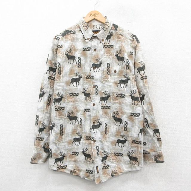 XL★古着 ウールリッチ WOOLRICH 長袖 ヘビー フランネル シャツ メンズ シカ ロング丈 コットン ボタンダウン ベージュ系他 カーキ 25oct02 中古 トップス