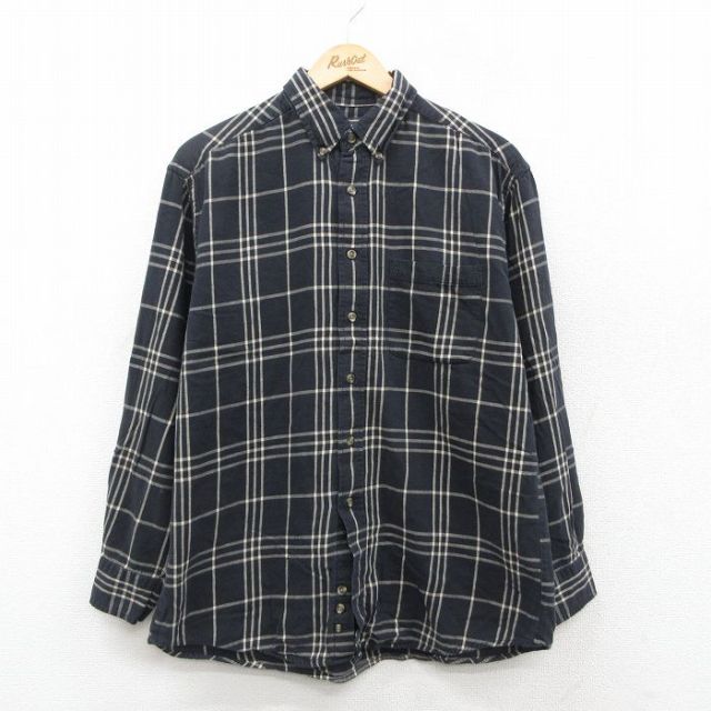 【20%OFF】L★古着 長袖 ヘビー フランネル シャツ メンズ 90年代 90s コットン ボタンダウン 黒他 ブラック チェック 25oct02 中古 トップス