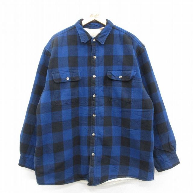XL★古着 レッドヘッド 長袖 フランネル シャツ メンズ 大きいサイズ ロング丈 コットン 紺他 ネイビー バッファロー チェック 内側ボア 25oct02 中古 トップス