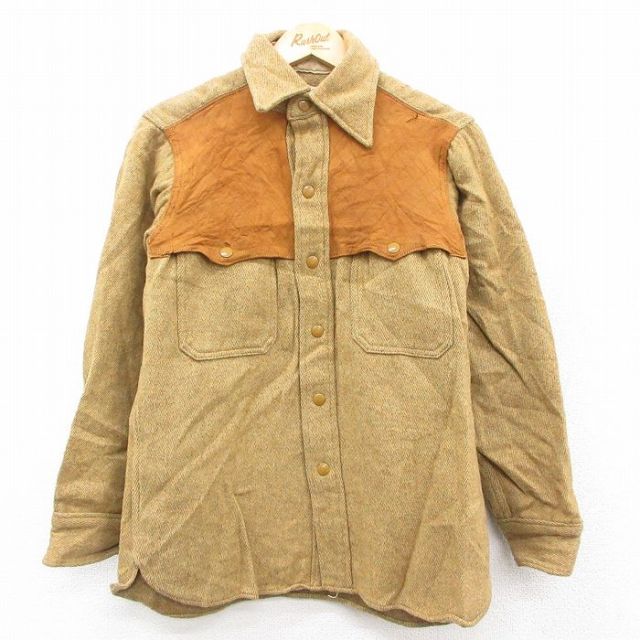 M★古着 ウールリッチ WOOLRICH 長袖 ウエスタン ウール シャツ メンズ 80年代 80s スエード使用 ヒジ当てスエード ベージュ カーキ 25oct03 中古 トップス
