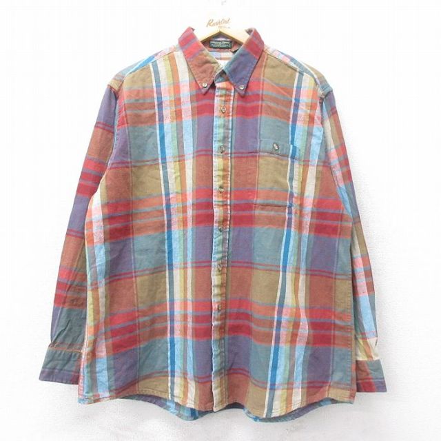 XL★古着 長袖 フランネル シャツ メンズ 大きいサイズ コットン ボタンダウン 茶系他 ブラウン チェック 25oct03 中古 トップス