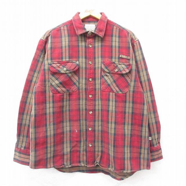 XL★古着 カベラス 長袖 ヘビー フランネル シャツ メンズ 大きいサイズ コットン エンジ他 チェック 25oct03 中古 トップス