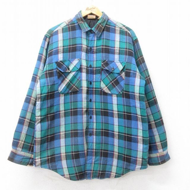XL★古着 ファイブブラザー 長袖 フランネル シャツ メンズ 90年代 90s ボロ ロング丈 薄紺他 ネイビー チェック 内側キルティング 【spe】 25oct03 中古 トップス