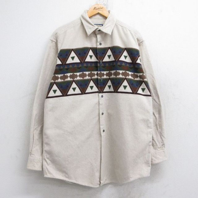 XL★古着 長袖 ヘビー フランネル シャツ メンズ 90年代 90s ネイティブ柄 ラグ柄 ロング丈 コットン USA製 薄ベージュ カーキ 25oct03 中古 トップス