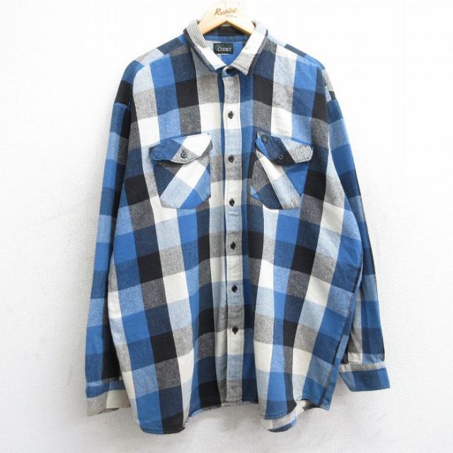 XL★古着 CODET 長袖 ヘビー フランネル シャツ メンズ 90年代 90s 大きいサイズ ロング丈 青他 ブルー チェック 25oct03 中古 トップス