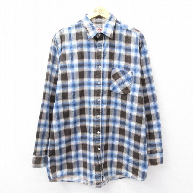 XL★古着 長袖 フランネル シャツ メンズ 90年代 90s ロング丈 コットン USA製 濃茶他 ブラウン チェック 25oct03 中古 トップス