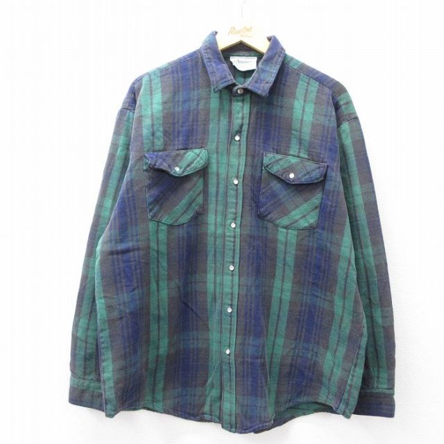 XL★古着 長袖 ヘビー フランネル シャツ メンズ 90年代 90s 大きいサイズ 緑他 グリーン チェック 25oct03 中古 トップス