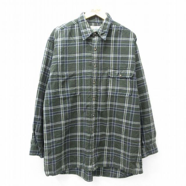 XL★古着 レッドヘッド 長袖 フランネル シャツ メンズ 00年代 00s 大きいサイズ ロング丈 コットン 濃緑他 グリーン チェック 25oct03 中古 トップス