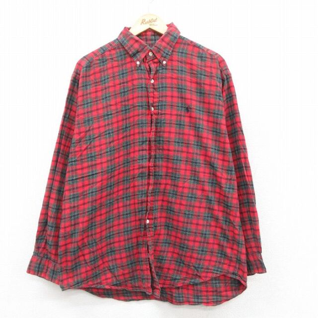 XL★古着 ラルフローレン Ralph Lauren 長袖 ブランド フランネル シャツ メンズ 90年代 90s ワンポイントロゴ BLAKE コットン ボタンダウン 赤他 レッド タータン チェック 【spe】 25oct08 中古 トップス