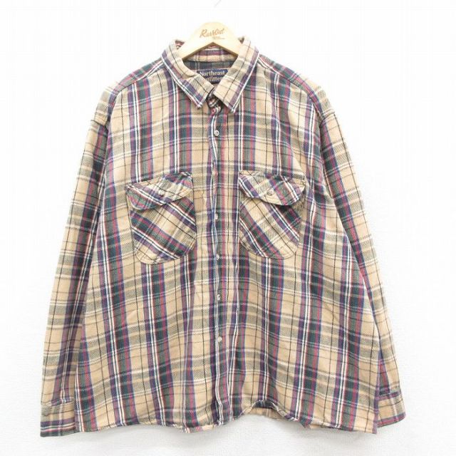XL★古着 長袖 ヘビー フランネル シャツ メンズ 90年代 90s 大きいサイズ ベージュ他 カーキ チェック 25oct09 中古 トップス