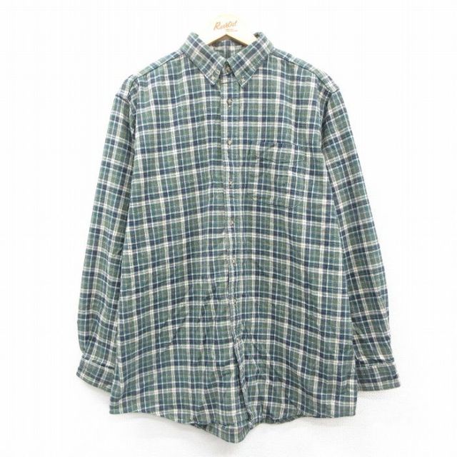 XL★古着 エルエルビーン LLBEAN 長袖 フランネル シャツ メンズ 00年代 00s 大きいサイズ ロング丈 コットン ボタンダウン カナダ製 緑他 グリーン チェック 25oct09 中古 トップス